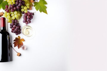Fototapeta premium Wine bottle, glass, and fresh grapes creating an autumn wine tasting flat lay