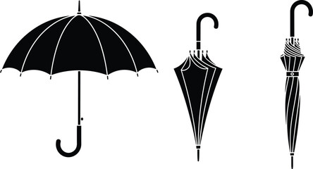 Umbrella silhouettes in open, semi-closed, and closed positions, black vector icons for rain, weather, and fashion accessory design. © Nahl