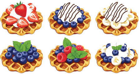 Set of gourmet Belgian waffles topped with fresh strawberries blueberries raspberries banana slices and chocolate cream isolated on grey background © MDShakhawat