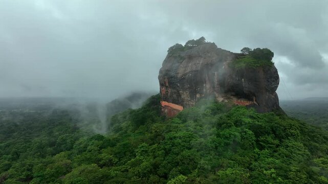 Lion's Rock in Sigiriya (Sri Lanka), mountain with historical buildings among great vegetation, sunset on a cloudy day