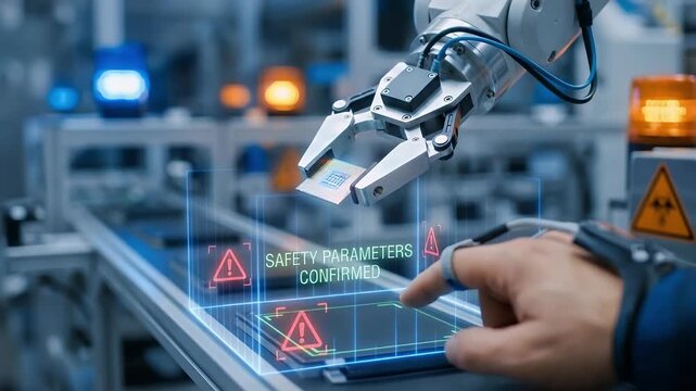 Robotic arm microchip safety parameters holographic display human hand technology industrial automation futuristic manufacturing control panel electronic component machinery engineering digital