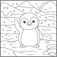 Obraz premium Cute Waving Penguin in a Snowy Winter Scene Coloring Page for Kids featuring arctic nature