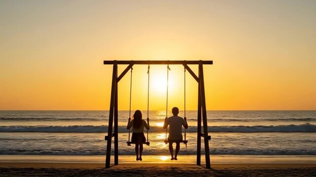 Couple enjoying a peaceful moment on a beach swing during a beautiful sunset.
