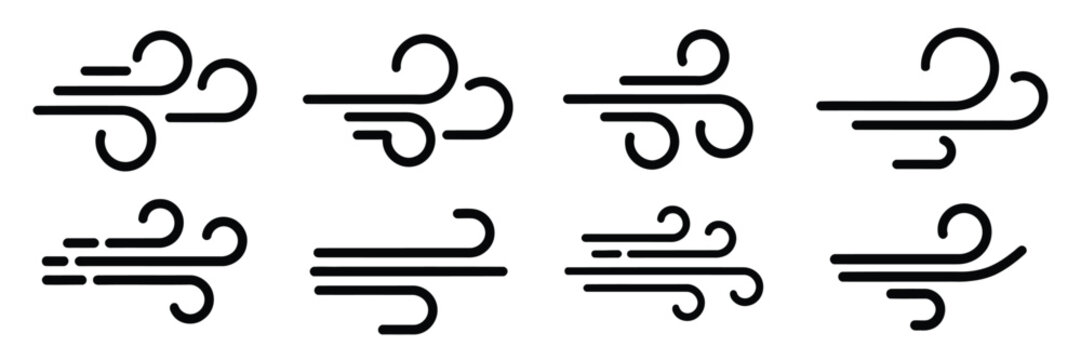 Wind blow line icon set, fresh cloud air speed symbol, wind blow air line sign, windy weather symbol for ranked weather graphics