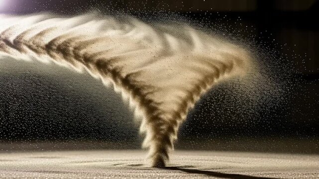 Dramatic sand tornado swirling in dark space with golden light