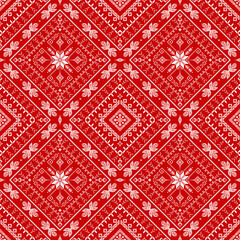 Red and white pixel folk pattern with diagonal diamond grid, floral snowflake motifs, and leaf bands. Dense ethnic geometric repeat for textile, fabric, and surface design.
