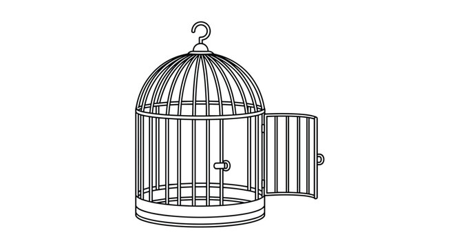 Simple line art illustration of an open wire bird cage symbolizing freedom and liberation on white background area.