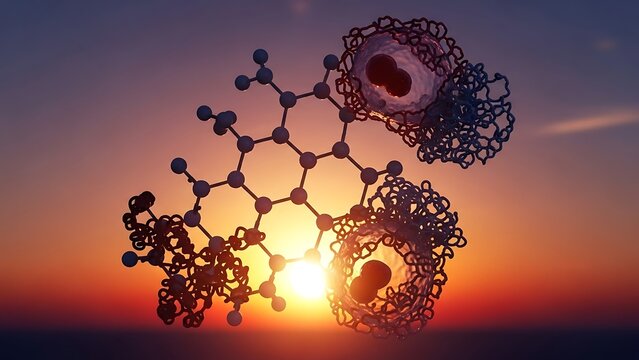 Molecular structure of carbon nanotubes at sunset with intricate networks and vibrant colors
