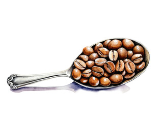 Fototapeta premium A spoonful of coffee beans arranged neatly on a white background