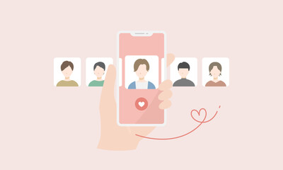 スマホのマッチングアプリで運命の男性を探すベクターイラスト。出会い･婚活･恋愛。フラットデザイン