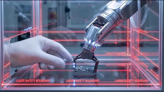 Robotic arm and gloved hand handling electronic circuit board inside laser safety boundary in cleanroom environment showcasing advanced technology precision in electronics manufacturing