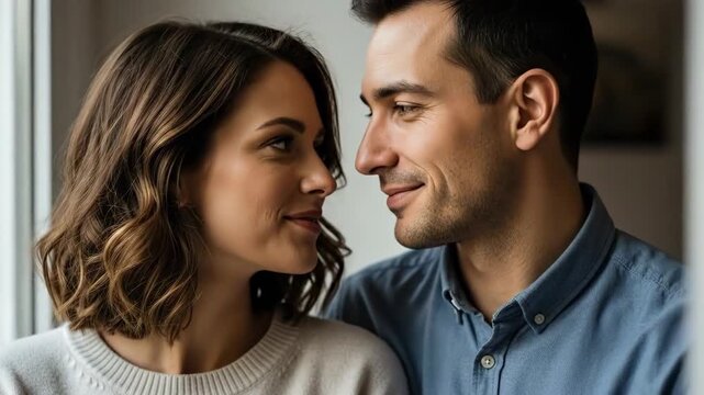 A couple sharing a tender moment, smiling and looking into each other's eyes in a close-up shot.