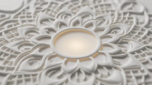 White Mandala Candle Holder Close-up, Intricate Floral Design, Soft Warm Light, Peaceful Meditation Background