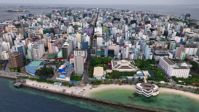 Aerial view about capital city of maldives islands. City name is Mal&eacute;. Located in Asia, Indian ocean.