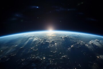 Fototapeta premium Planet earth glowing during sunrise, seen from orbit in deep space