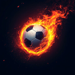A dynamic and abstract depiction of a soccer ball engulfed in vibrant flames on dark background, symbolizing passion, power, and the intensity of game