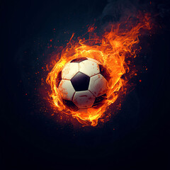 A dynamic and abstract depiction of a soccer ball engulfed in vibrant flames on dark background, symbolizing passion, power, and the intensity of the game