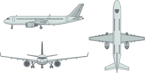 Passenger airplane illustration set isolated on white background, commercial aircraft front side top views for aviation transport vector design
