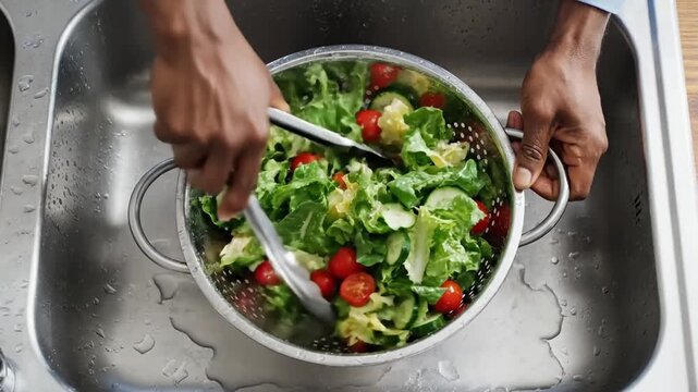 Close-up of hands rinsing fresh mixed greens and cherry tomatoes in a metal colander over a stainless steel kitchen sink showcasing healthy eating preparation