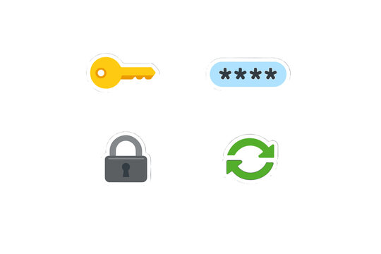 Icons representing security elements such as keys, passwords, locks, and symbols for resetting in a digital environment