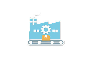 Factory with a conveyor belt system in a simple design showing goods being processed and packaged
