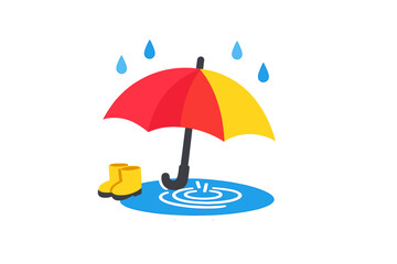 Bright colored umbrella stands in a puddle beside yellow rain boots under falling raindrops in a simple urban setting on a rainy day