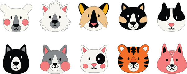Naklejka premium Cartoon animal faces of various breeds and colors on white background