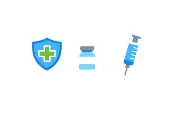 Health symbols showing vaccination process with a shield, vial, and syringe in a simple layout