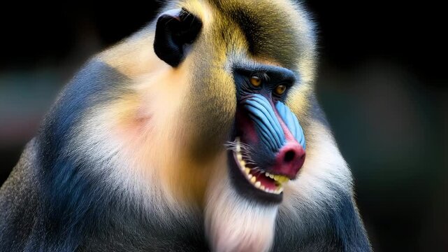 a mandrill monkey with vibrant facial colors, showing intense yellow eyes and detailed fur texture. The dark background highlights the striking patterns of nature&rsquo;s most colorful primate