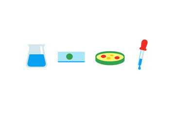 Laboratory equipment, a banknote, a plate with food, and a dropper shown together represent different concepts in a creative way