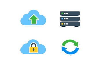Fototapeta premium Cloud icons showing data upload, server storage, secure cloud, and data synchronization in a simple design