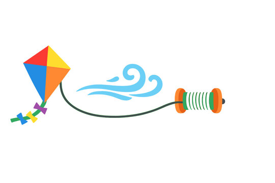 Colorful kite flying in the wind with a spool of string at a bright outdoor setting on a sunny day showcasing fun and play