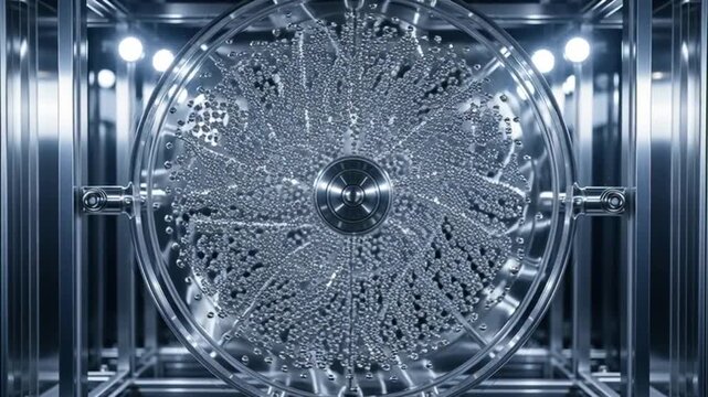 Intricate metal wheel with water droplets in modern industrial setting