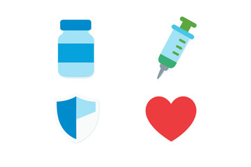 Icons showing health concepts including vaccine, syringe, shield, and heart in a simple design for educational or informational use in health contexts