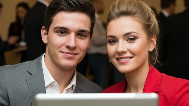 Young couple in professional attire smiling at a laptop screen together in a formal setting.