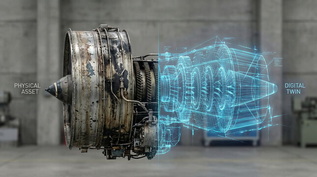  Jet engine merging into blue digital twin wireframe industrial concept