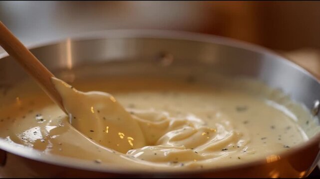 Stirring Creamy Melted Cheese Sauce in a Hot Pan for Cooking
