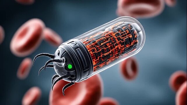Futuristic medical nanobot with mechanical tentacles floating among red blood cells bloodstream, advanced technology concept with glowing circuits inside transparent capsule, innovative microbot