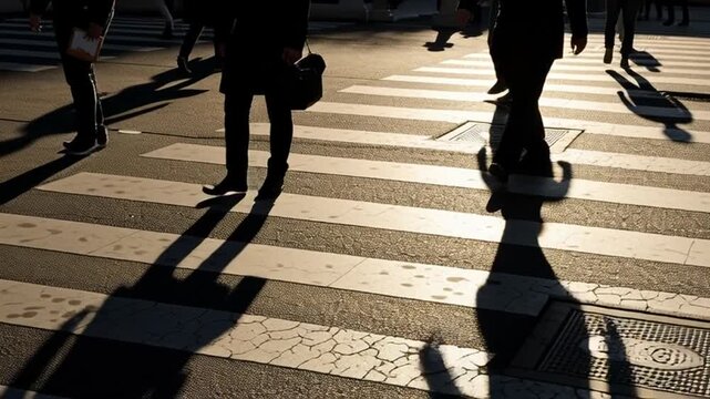 Busy pedestrians crossing street with long shadows in urban environment