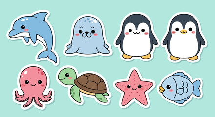 Cartoon ocean creatures dolphin seal penguins octopus turtle starfish and fish © Hadi