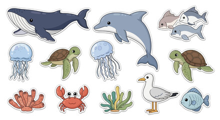 Cartoon aquatic animals collection whale dolphin turtle jellyfish and fish © Hadi