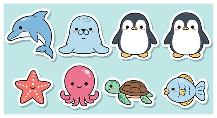Cartoon ocean creatures dolphin seal penguins starfish octopus turtle fish © Hadi