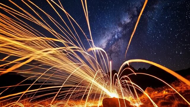 Magical night landscape with sparkling steel wool against starry sky and mountains