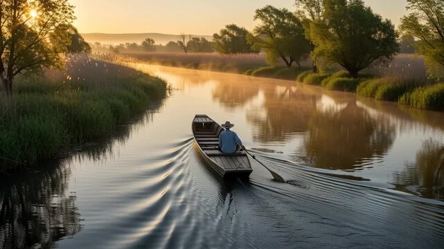 Serene river journey at sunset with a lone rower in a wooden boat