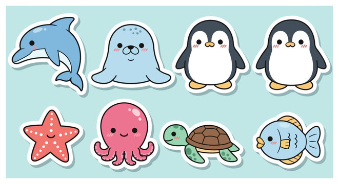 Cartoon ocean creatures dolphin seal penguins starfish octopus turtle fish
