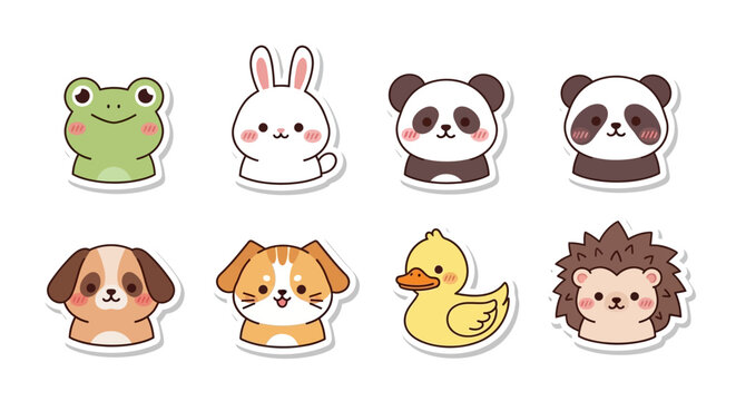 Cartoon animal stickers frog rabbit panda dog duck hedgehog designs