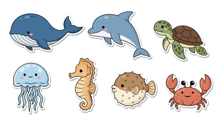 Cartoon ocean creatures whale dolphin turtle jellyfish seahorse fish crab © Hadi