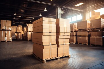 Cardboard boxes stacked on wooden pallets in a large commercial warehouse