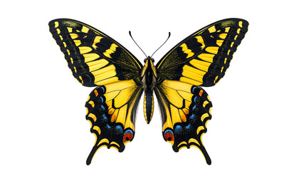 Fototapeta premium A vibrant butterfly with yellow, black, blue, and red wing patterns