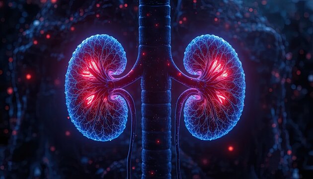 Glowing blue and red human kidneys with ureters on dark background